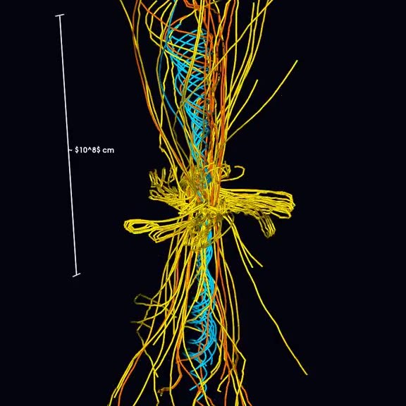 Relativistic jet field lines breaking out of merger ejecta